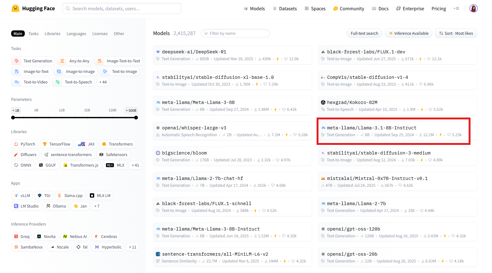 Page listing Hugging Face LLM models.